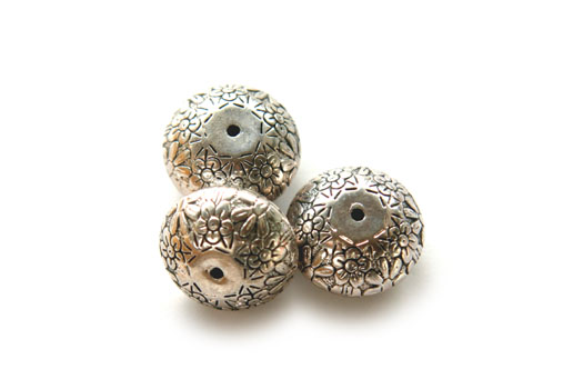 Round flattened bead, flower, metal coated, 21x13mm, 25 pcs