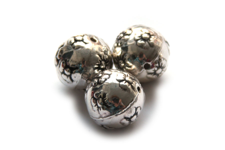 Round metal coated bead, flowers, 16mm, 10 pcs
