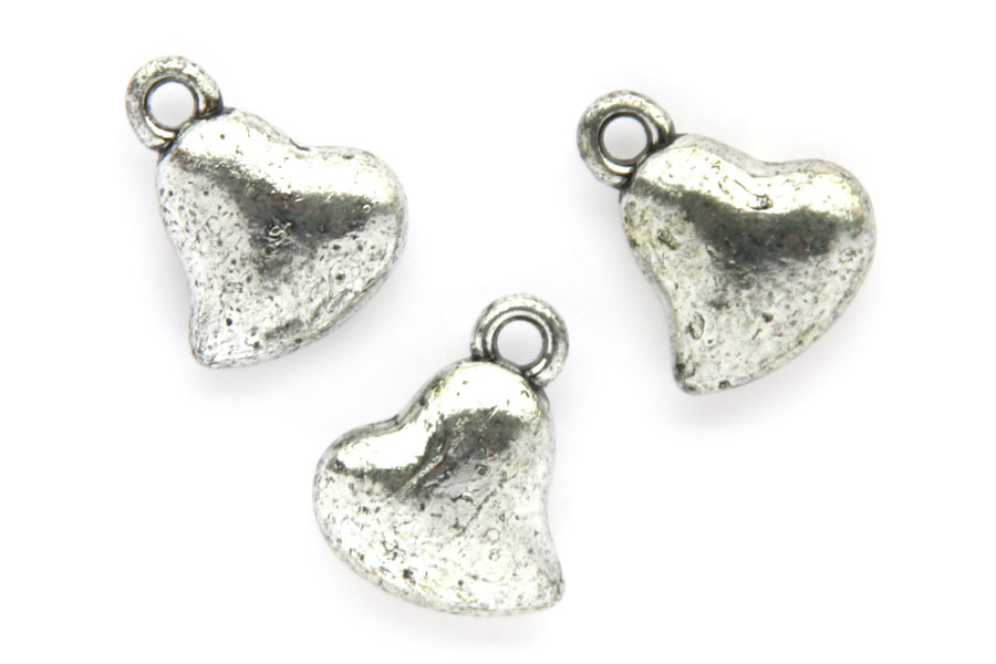Heart shaped pendant, metal look, 12x15mm, Silver, 50 pcs
