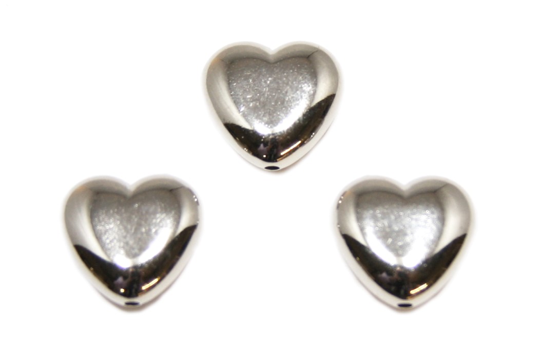 Heart, smooth and shiny, metal coated, 15x16mm, Silver, 10 pcs