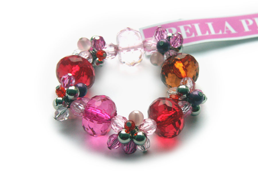 Bracelet with facet beads and clusters, pink, red and brown, 1 p