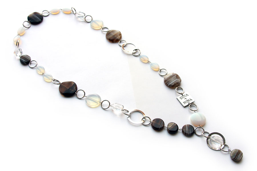 Long necklace with rings, agate, moonstone and glass, 1 pc